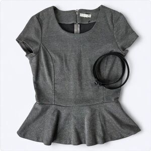 Y2K New York & Company Peplum Blouse Belted Womens Sz 4 Gray Metallic Career